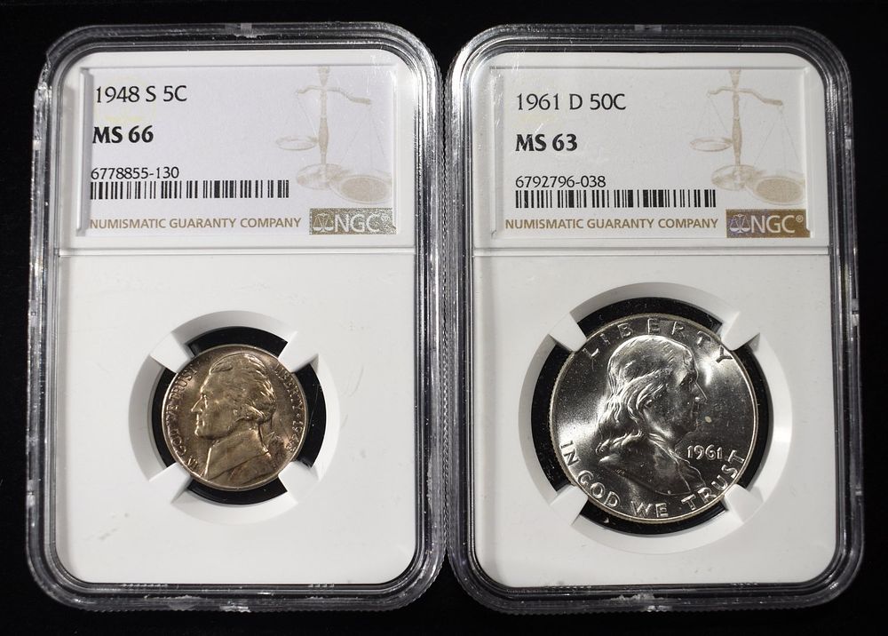NICKLE & HALF DOLLAR NGC GRADED COINS. 1948-S JEFFERSON NICKEL NGC MS66 & 1961-D FRANKLIN HALF 