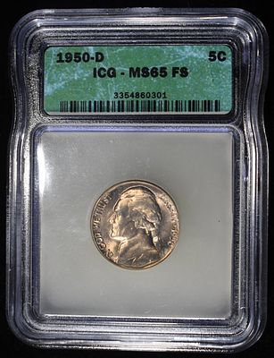 1950-D JEFFERSON NICKEL ICG MS65 FS. TOP RATED AUCTION HOUSE ESTIMATE $60 - $80.