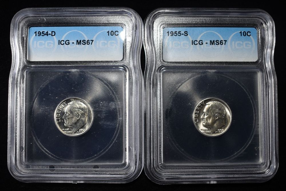 1955-S & 1954-D ROOSEVELT DIMES ICG MS67. WEEKLY COIN & CURRENCY AUCTIONS ESTIMATE $100 - $150.