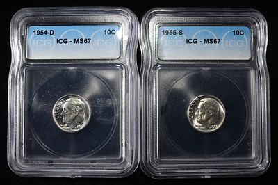 1955-S & 1954-D ROOSEVELT DIMES ICG MS67. WEEKLY COIN & CURRENCY AUCTIONS ESTIMATE $100 - $150.