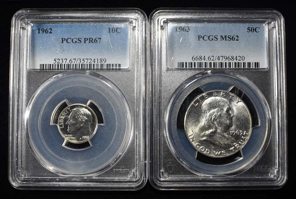 DIME & HALF DOLLAR NGC GRADED COINS. 1962 ROOSEVELT DIME PCS PR67 & 1963 FRANKLIN HALF DOLLAR 