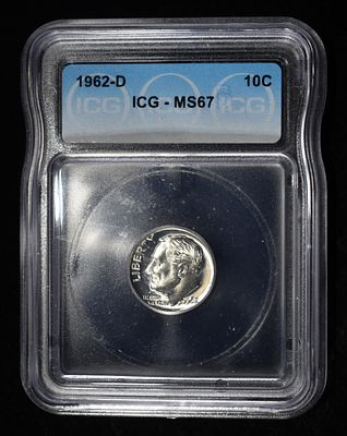 1962-D ROOSEVELT DIME ICG MS67. CHECK OUT OUR UPCOMING AUCTIONS ESTIMATE $60 - $80.