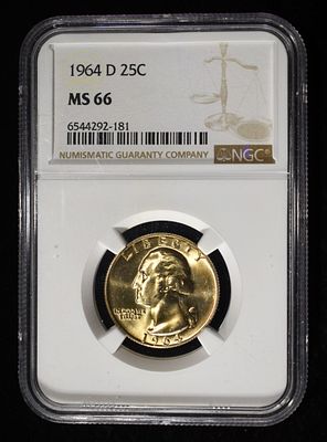 1964-D WASHINGTON QUARTER NGC MS66. BID WITH SILVER CITY AUCTIONS ESTIMATE $75 - $100.