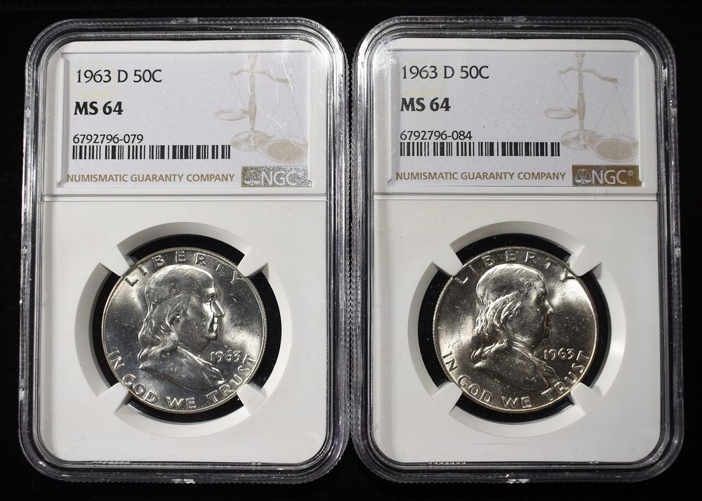 (2) 1963-D FRANKLIN HALF DOLLARS NGC MS64. WEEKLY COIN & CURRENCY AUCTIONS ESTIMATE $80 - $120.