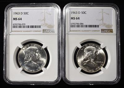 (2) 1963-D FRANKLIN HALF DOLLARS NGC MS64. WEEKLY COIN & CURRENCY AUCTIONS ESTIMATE $80 - $120.
