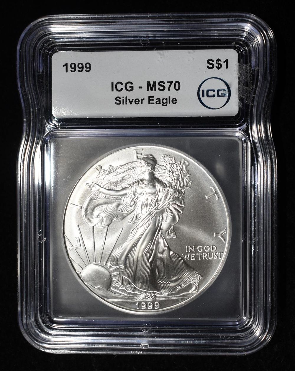 1999 AMERICAN SILVER EAGLE ICG MS70. BID WITH SILVER CITY AUCTIONS ESTIMATE $5500 - $6000.