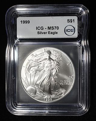1999 AMERICAN SILVER EAGLE ICG MS70. BID WITH SILVER CITY AUCTIONS ESTIMATE $5500 - $6000.