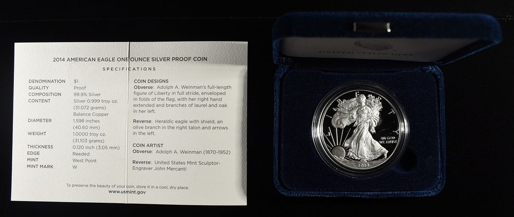 2014-W AMERICAN SILVER EAGLE PROOF. LEADERS IN ON-LINE AUCTIONS ESTIMATE $120 - $170.