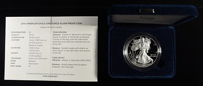2014-W AMERICAN SILVER EAGLE PROOF. LEADERS IN ON-LINE AUCTIONS ESTIMATE $120 - $170.