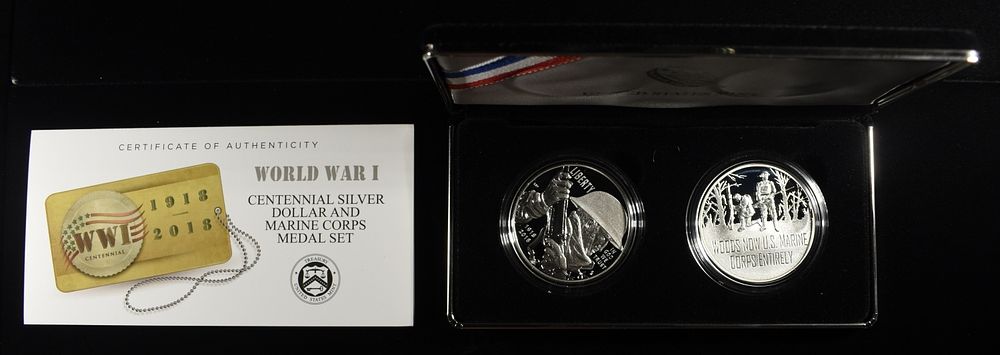 2018 WORLD WAR I SILVER DOLLAR & MARINE CORPS SET. TOP RATED AUCTION HOUSE ESTIMATE $160 - $210.