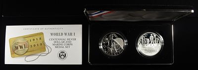 2018 WORLD WAR I SILVER DOLLAR & MARINE CORPS SET. TOP RATED AUCTION HOUSE ESTIMATE $160 - $210.