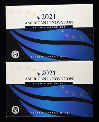(2) 2021 INNOVATION $1 PROOF SET. BID WITH SILVER CITY AUCTIONS ESTIMATE $60 - $80.