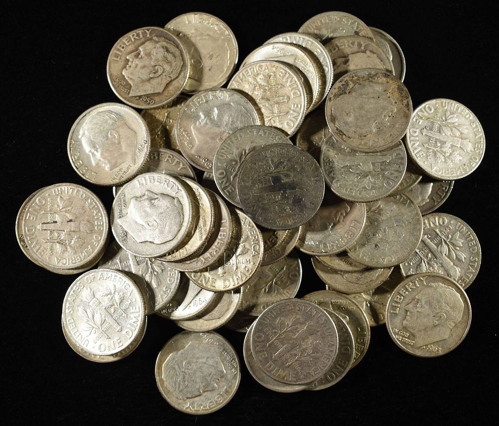 (50) ROOSEVELT DIMES 90% SILVER. CHECK OUT OUR UPCOMING AUCTIONS ESTIMATE $350 - $400.
