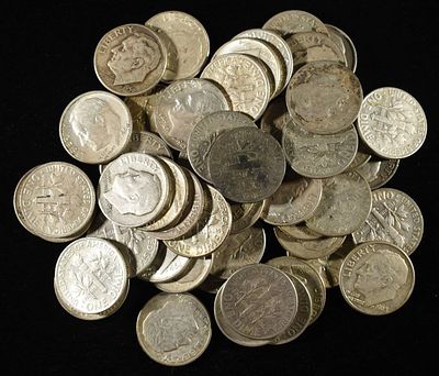 (50) ROOSEVELT DIMES 90% SILVER. CHECK OUT OUR UPCOMING AUCTIONS ESTIMATE $350 - $400.