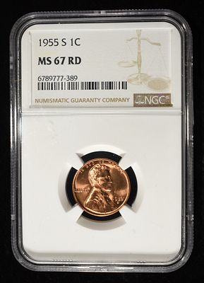 1955-S WHEAT CENT NGC MS67 RD. LEADERS IN ON-LINE AUCTIONS ESTIMATE $130 - $180.