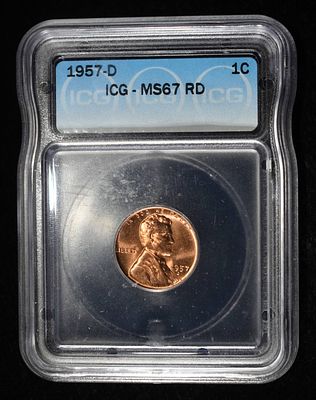 1957-D WHEAT CENT ICG MS67 RD. BID WITH SILVER CITY AUCTIONS ESTIMATE $260 - $310.