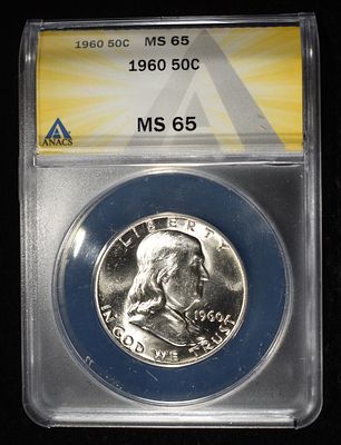 1960 FRANKLIN HALF DOLLAR ANACS MS65. WEEKLY COIN & CURRENCY AUCTIONS ESTIMATE $60 - $80.