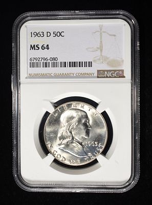 1963-D FRANKLIN HALF DOLLAR NGC MS64. WEEKLY COIN & CURRENCY AUCTIONS ESTIMATE $50 - $70.