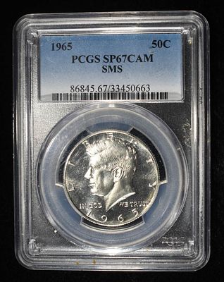 1965 KENNEDY HALF DOLLAR PCGS SP67 CAM. BID WITH SILVER CITY AUCTIONS ESTIMATE $200 - $250.