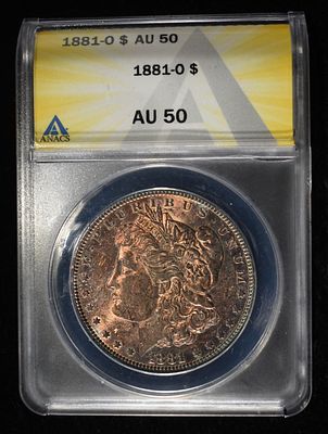 1881-O MORGAN DOLLAR ANACS AU50. WEEKLY COIN & CURRENCY AUCTIONS ESTIMATE $90 - $130.