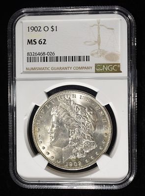 1902-O MORGAN DOLLAR NGC MS62. CHECK OUT OUR UPCOMING AUCTIONS ESTIMATE $120 - $170.