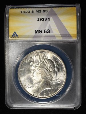 1923 PEACE DOLLAR ANACS MS63. CHECK OUT OUR UPCOMING AUCTIONS ESTIMATE $120 - $170.