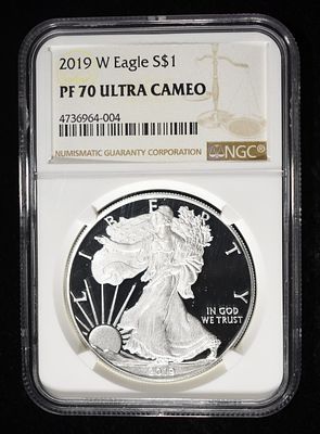 2019-W AMERICAN SILVER EAGLE NGC PF70 UCAM. TOP RATED AUCTION HOUSE ESTIMATE $200 - $250.