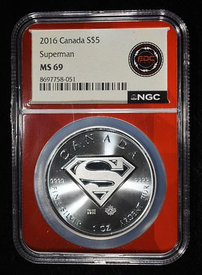 2016 1 OZ SILVER CANADA SUPERMAN NGC MS-69. WEEKLY COIN & CURRENCY AUCTIONS ESTIMATE $150 - $200.