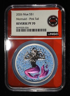 2026 NIUE 1 OZ SILVER MERMAID PINK NGC REV PF-70. WEEKLY COIN & CURRENCY AUCTIONS ESTIMATE $180 