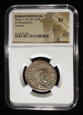 PHILIP II, AD 247-249 NGC XF. BI TETRADRACHM TOP RATED AUCTION HOUSE ESTIMATE $400 - $450.