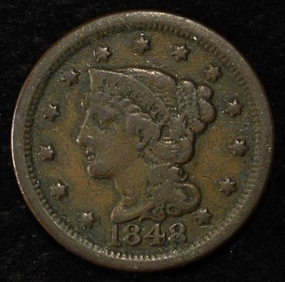 1848 LARGE CENT VF. WEEKLY COIN & CURRENCY AUCTIONS ESTIMATE $60 - $80.