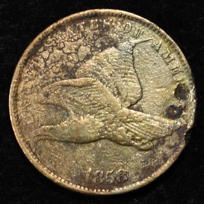 1858 FLYING EAGLE CENT XF DAMAGED. BID WITH SILVER CITY AUCTIONS ESTIMATE $60 - $80.