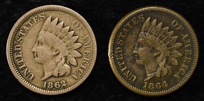 1862 VG, 1864 CN VF INDIAN CENTS. WEEKLY COIN & CURRENCY AUCTIONS ESTIMATE $60 - $80.
