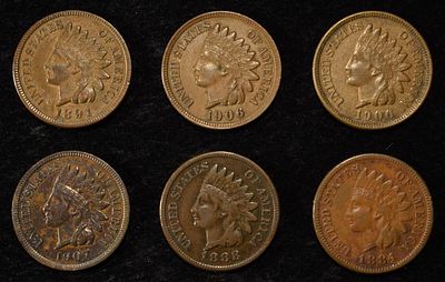 1884, 88, 91, (2) 1906, 07 INDIAN CENTS XF. LEADERS IN ON-LINE AUCTIONS ESTIMATE $50 - $75.