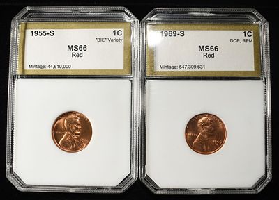 LINCOLN CENT VARIETIES GEM BU RED. 1955-S "BIE" & 1969-S DOUBLE DIE REVERSE, REPUNCHED MINT MARK 