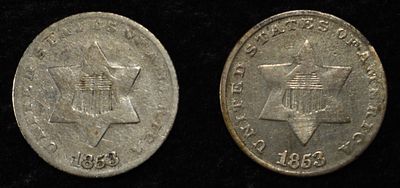 (2) 1853 3 CENT PIECES SILVER. TOP RATED AUCTION HOUSE ESTIMATE $100 - $130.