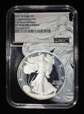 2025-W AMERICAN SILVER EAGLE NGC PF70 UCAM. LEADERS IN ON-LINE AUCTIONS ESTIMATE $350 - $400.