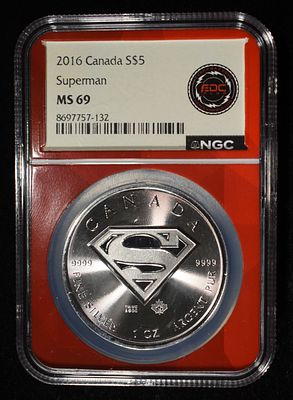 2016 1 OZ SILVER CANADA SUPERMAN NGC MS-69. LEADERS IN ON-LINE AUCTIONS ESTIMATE $150 - $200.