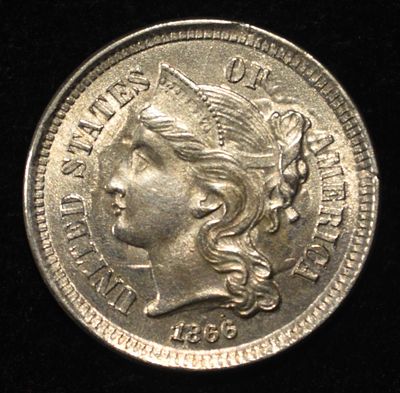 1866 3-CENT NICKEL GEM BU. CHECK OUT OUR UPCOMING AUCTIONS ESTIMATE $500 - $600.