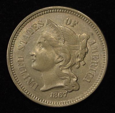 1867 3-CENT NICKEL AU/BU. BID WITH SILVER CITY AUCTIONS ESTIMATE $150 - $200.