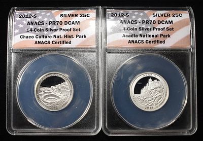 (2) 2012-S SILVER WASHINGTON QUARTER ANACS PR70. DCAM CHACO CULTURE NAT. HIST. PARK & ACADIA 