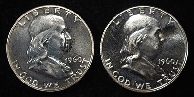 (2) 90% SILVER 1960 FRANKLIN HALF DOLLARS PROOF BU. TOP RATED AUCTION HOUSE ESTIMATE $90 - $130.
