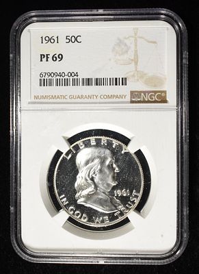 1961 FRANKLIN HALF DOLLAR NGC PF69. BID WITH SILVER CITY AUCTIONS ESTIMATE $675 - $775.