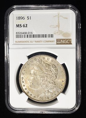 1896 MORGAN DOLLAR NGC MS62. WEEKLY COIN & CURRENCY AUCTIONS ESTIMATE $90 - $130.
