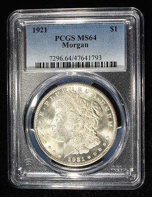 1921 MORGAN DOLLAR PCGS MS64. WEEKLY COIN & CURRENCY AUCTIONS ESTIMATE $120 - $170.