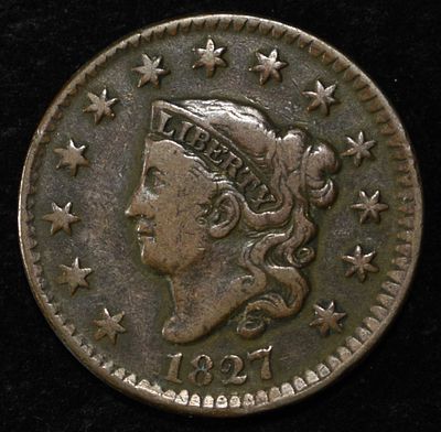 1827 CORONET HEAD CENT. CHECK OUT OUR UPCOMING AUCTIONS ESTIMATE $120 - $160.