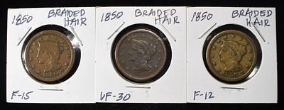 (3) 1850 BRAIDED HAIR CENTS. TOP RATED AUCTION HOUSE ESTIMATE $120 - $160.