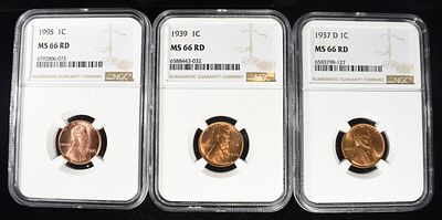 1937-D, 39-P & 95 LINCOLN CENT NGC MS66 RD. TOP RATED AUCTION HOUSE ESTIMATE $110 - $160.