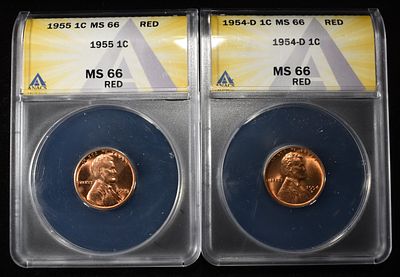 1954-D & 1955 WHEAT CENT ANACS MS66 RED. BID WITH SILVER CITY AUCTIONS ESTIMATE $100 - $150.