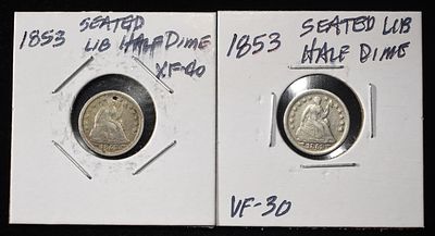 (2) 1853 LIBERTY SEATED HALF DIMES. LEADERS IN ON-LINE AUCTIONS ESTIMATE $100 - $150.